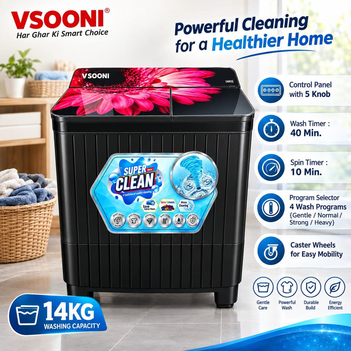 VSOONI 14 KG Semi Automatic Twin Tub Washing Machine – 5 Knob Control, 4 Wash Programs, 40 Min Wash Timer & 10 Min Spin Timer